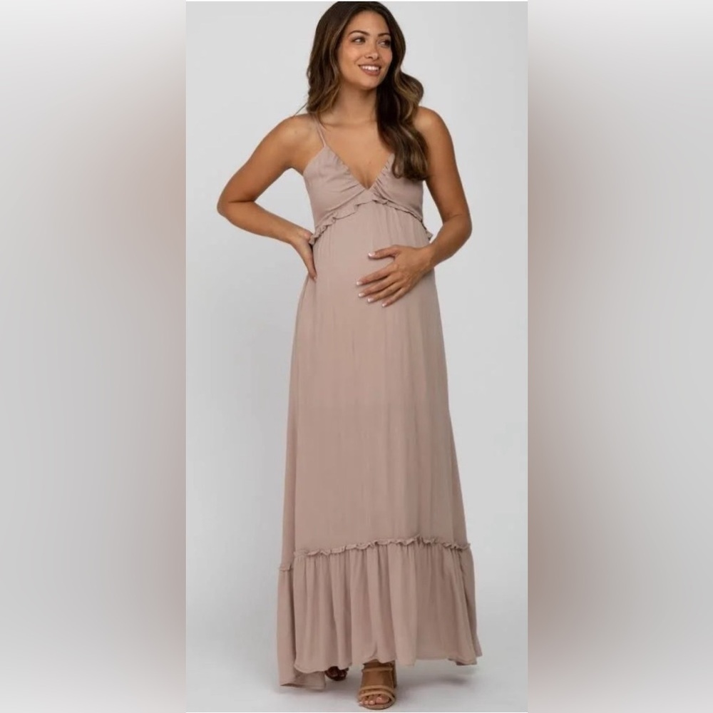 PINKBLUSH Taupe Sleeveless V Neck Maternity Dress